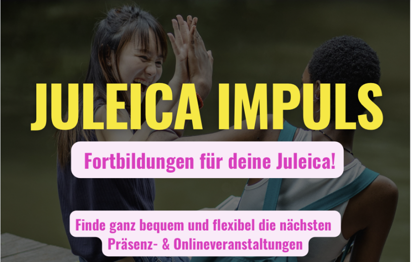 junge Menschen geben sich High-Five mit Test drüber: Juleica-Impuls; Fortbildung für deine Juleica!